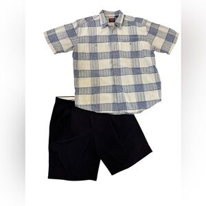 90s 2PC STONERIVER COTTON PLAID SHIRT SZ L PGATOUR BLACK PLEAT FRONT SHORTS 36W